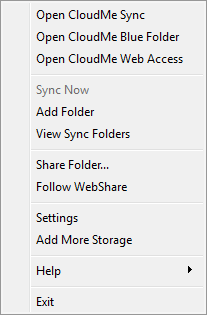 Menu de CloudMe Sync 